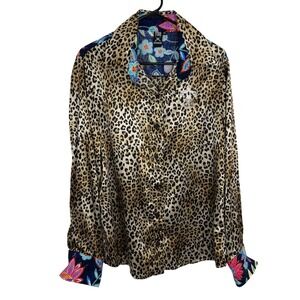Thunderbird Brand Shirt Women 3X Brown Leopard Print Satin Button Up Long Sleeve